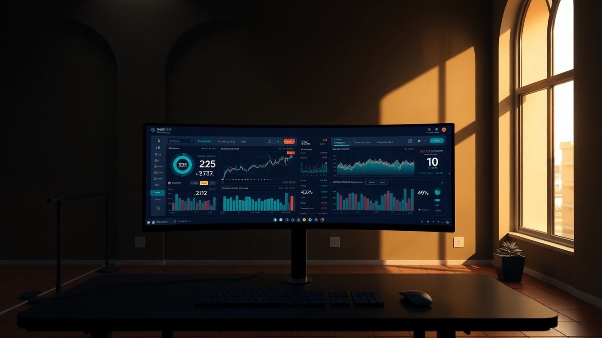 Panel de trading automatizado en un monitor ultrawide